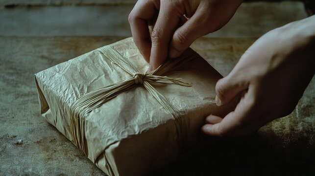 A person expertly ties a natural twine around a gift box