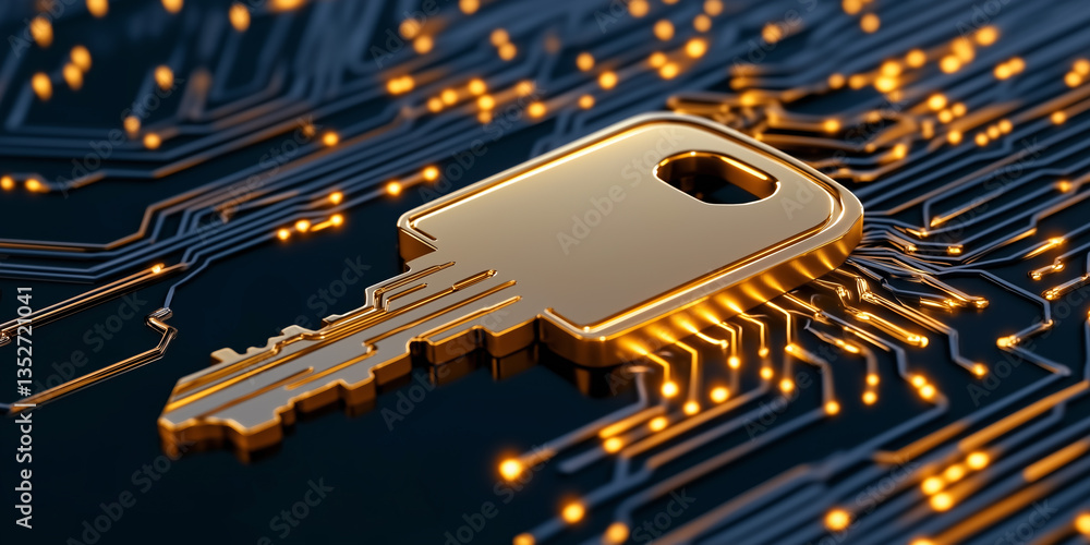 Poster A Gleaming Golden Digital Key Resting on an Intricate Circuit Board, Symbolizing Security and Technology in a Futuristic Setting