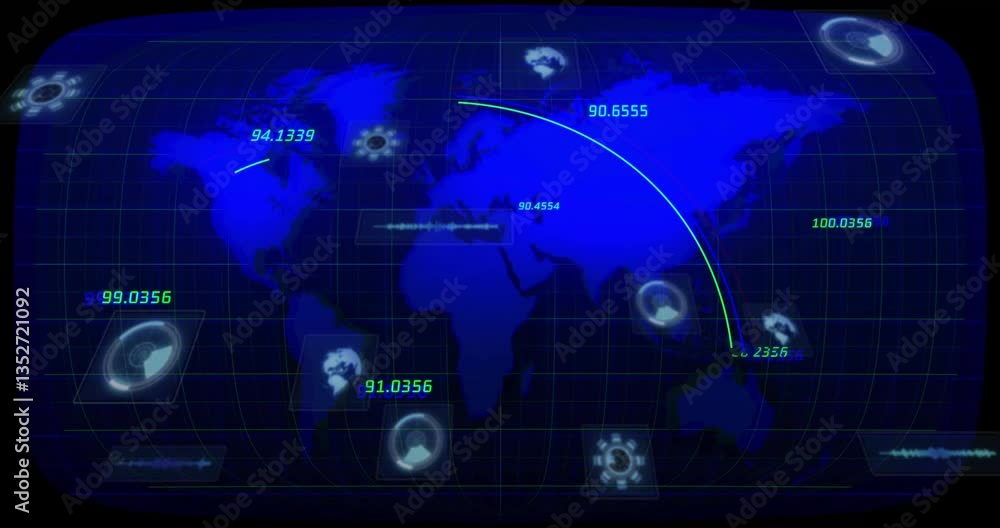 Poster animation of world map with data points and trajectory lines on digital interface