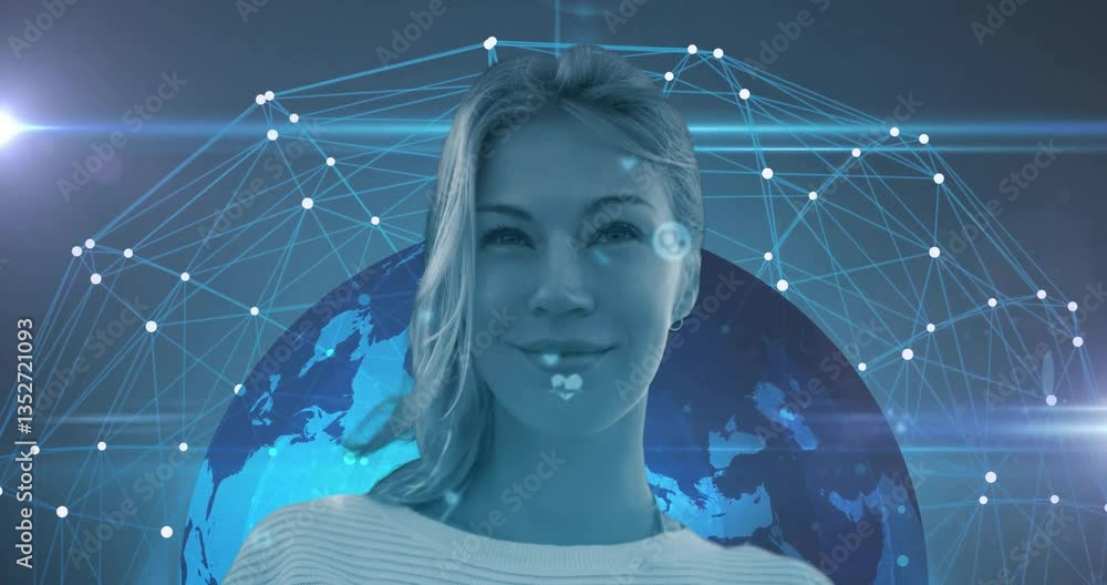 Poster digital network animation overlaying globe, smiling woman in futuristic setting