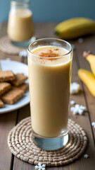 Pumpkin and banana smoothie with cinnamon, set in a cozy winter scene with cool tones and natural textures.