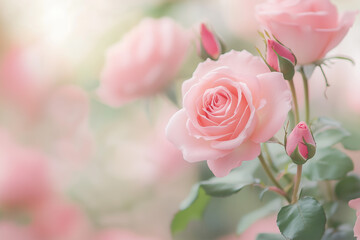 Light Pink Roses in Soft Color and Blurred Background for Romantic and Elegant Design