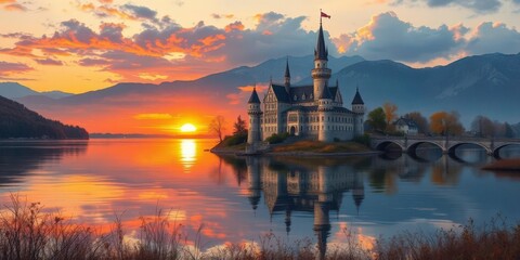 Obraz premium Sunset view of a realistic castle on a lake, gouache painting, purple, tranquil