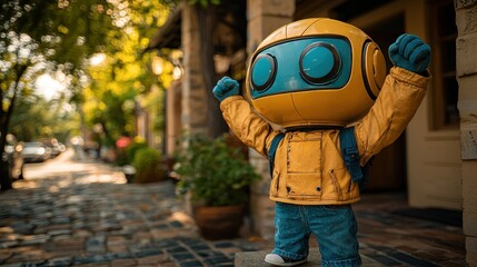 Joyful Robot in Cobblestone Street