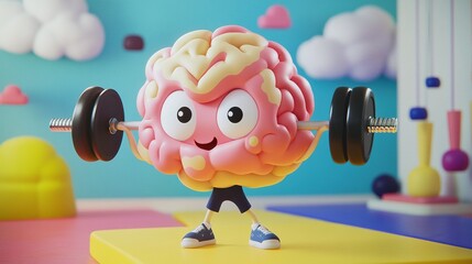 A cute cartoon brain character lifting weights, promoting fitness and mental health with a colorful background.