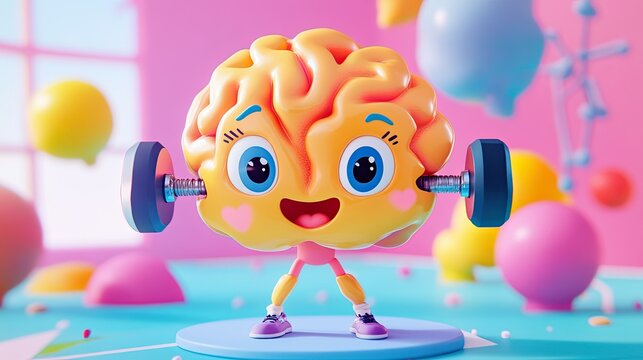 A cute cartoon brain character lifting weights, promoting fitness and mental health with a colorful background.
