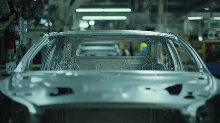 Automakers focus on production with multiple car frames lined up in a modern assembly facility during the daytime