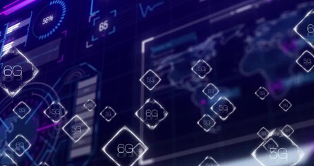 Animation of 5G and 6G technology symbols floating over digital world map - Powered by Adobe