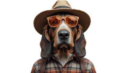 A dog with a hat and sunglasses wearing a plaid shirt with suspenders on a black background view