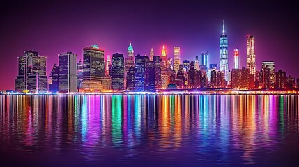 Obraz premium Vibrant City Skyline at Night with Water Reflection