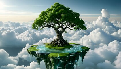 Fototapeta premium A surreal landscape featuring a tree growing out of a floating island above a sea of clouds.