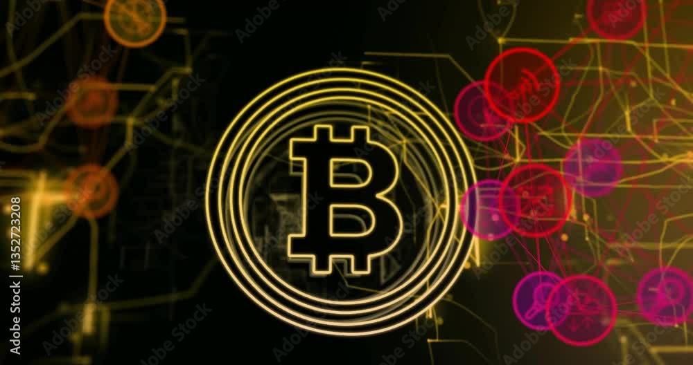 Poster bitcoin symbol with neon circles and digital network background animation
