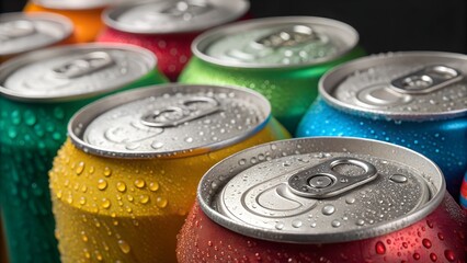 Top view of colorful soda cans with condensation droplets