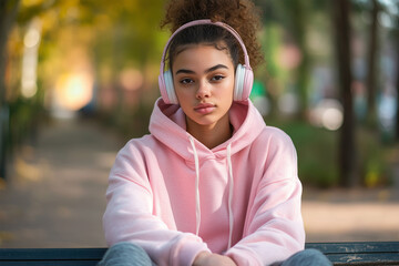 Girl Sitting on Park Bench Listening to Music – Peaceful Outdoor Moment in Nature