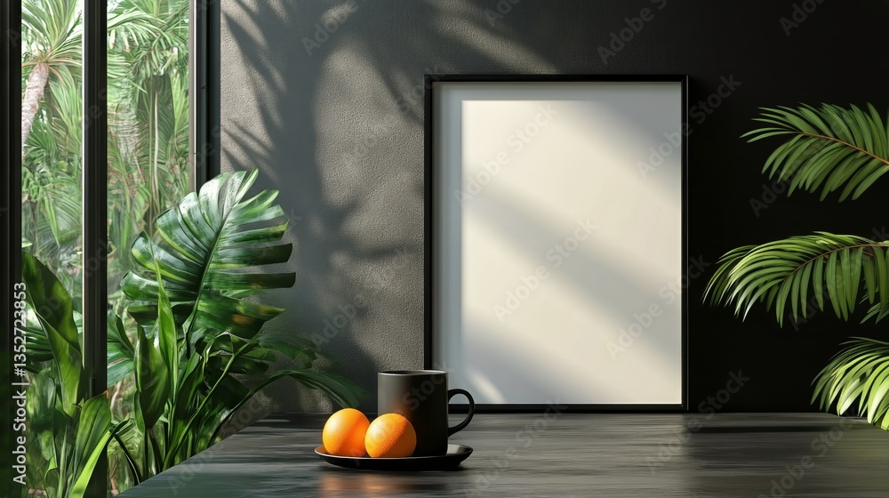Poster bright indoor setting with empty frame and fruits on a table in a lush green environment