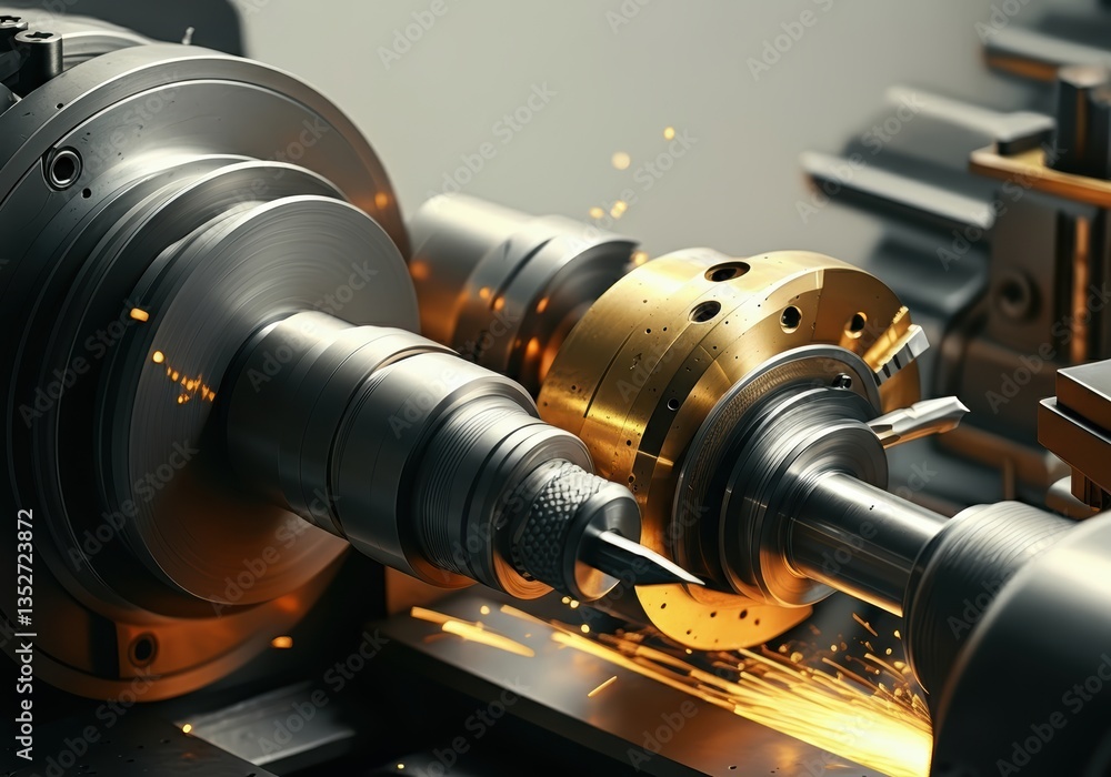 Poster precision machining process with sparks flying from a lathe machine