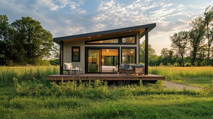 A modern tiny house exterior with beautiful landscape