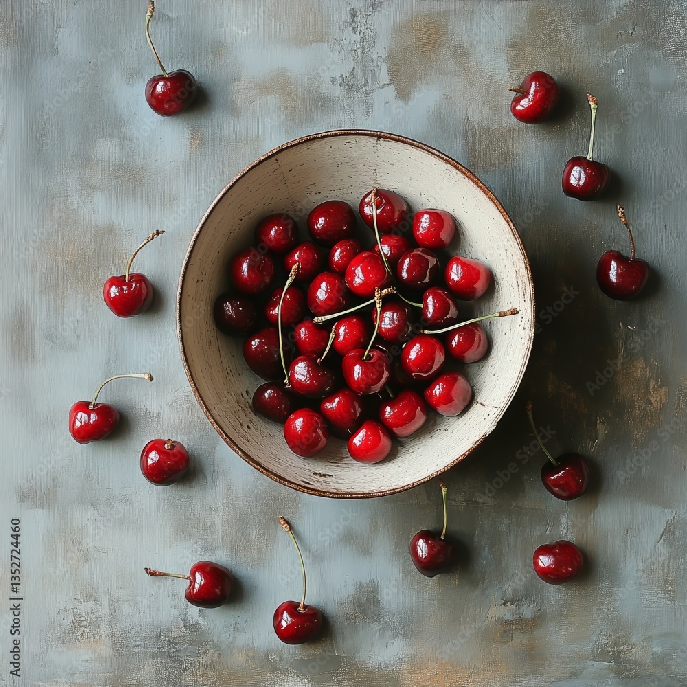 Poster fresh cherries displayed in a rustic bowl with scattered fruits around on a textured surface