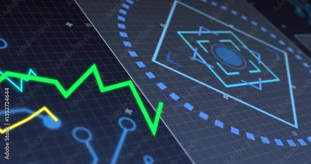 Poster animation of green zigzag line with geometric shapes over digital grid background