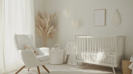 A serene and minimalist nursery designed for baby, white color newborn room interior design
