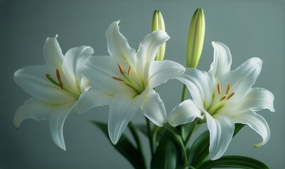 Naklejka premium Beautiful White Lilies in a Serene Indoor Setting With Natural Light Illuminating the Flowers