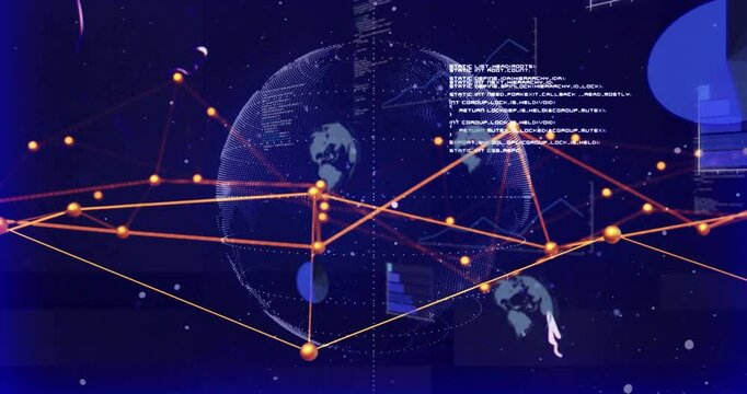 Animation of digital globe with interconnected lines in space theme, processing data