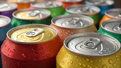 Close-up of assorted soft drink cans in vibrant metallic colors