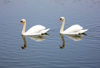 Obraz premium Two graceful swans glide on a serene lake, feathers pristine white against the calm water, beauty in nature, majestic