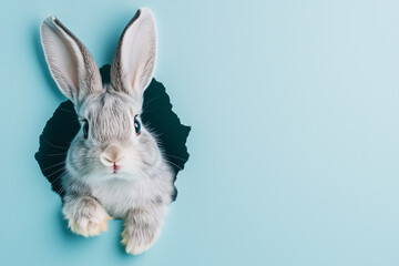 Obraz premium Easter bunny peeking out of a hole in a blue wall, with fluffy ears, perfect for an Easter banner design