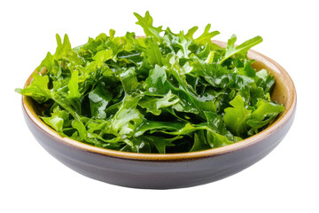 Fresh arugula in ceramic bowl on white background, cut out