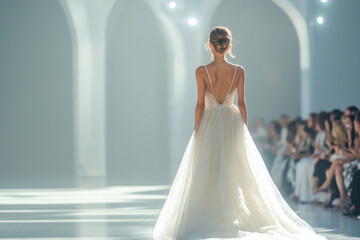 Fashion model wearing elegant wedding dress walking on catwalk during fashion show