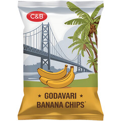 The C&B Brand Godavari Banana Chips Snack Bag Featuring a Bridge Landscape and Fresh Bananas