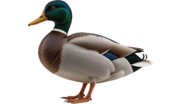 A single mallard duck standing with its head turned to the left on a black background isolated shot