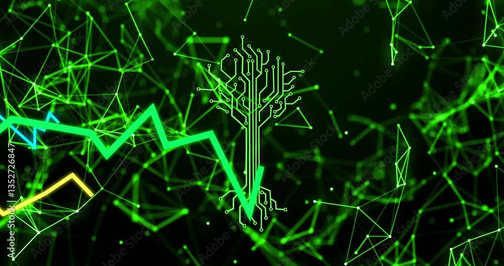 Poster animation of green circuit tree and upward arrow on digital network background