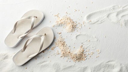 Obraz premium White flip-flops resting on textured white beach sand with small pebbles and footprints, symbolizing tropical relaxation, summer vacation and casual coastal lifestyle