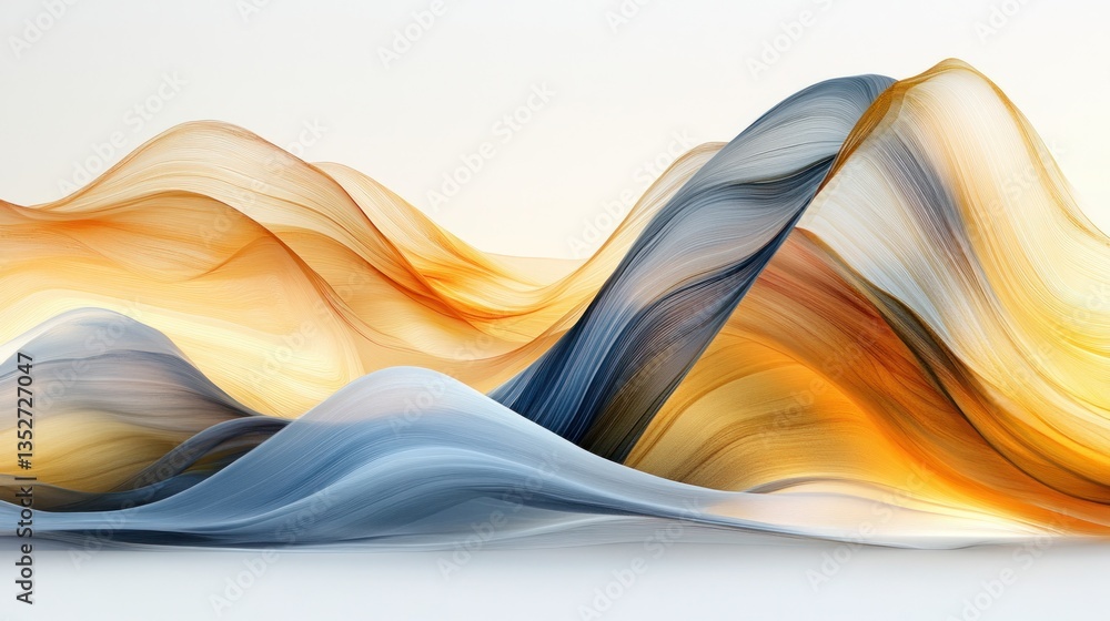 Poster abstract waves flow. gold blends to blue, creating a smooth, dynamic shape