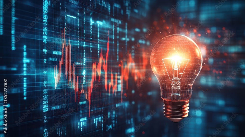 Poster illuminating data: a glowing light bulb shines brightly against a backdrop of complex data visualiza