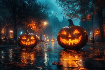 Fototapeta premium Glistening Halloween night with illuminated pumpkins lining a rainy street in an autumn setting