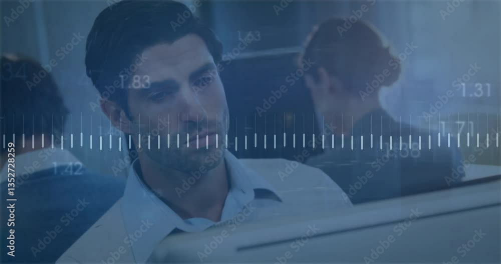 Poster working on computers, business professionals analyzing financial data charts with animation