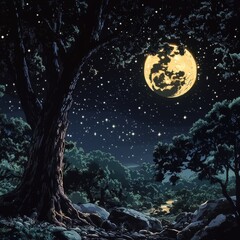 Naklejka premium Tranquil Moonlit Night: Starry Sky and Full Moon Over Peaceful Forest Landscape