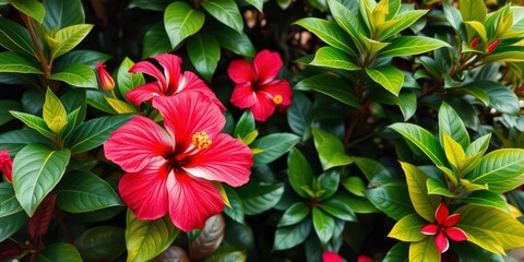 Vibrant hibiscus blooms amidst lush tropical foliage, floral,  wildlife