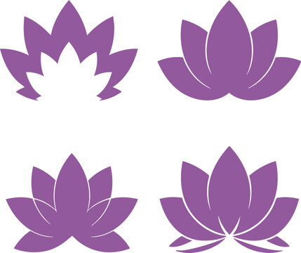 Set of solid purple lotus flower icons for wellness and branding