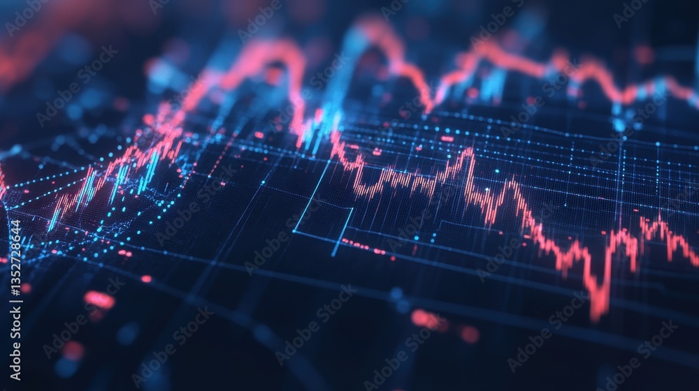Poster market momentum: a dynamic visual of financial data with fluctuating lines of red and blue. evoking 
