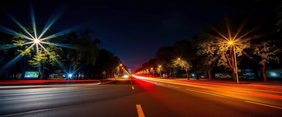 Vibrant light trails streak across a city street at night, illuminating trees and asphalt, landscape, abstract