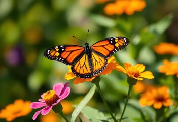 Fototapeta premium Vibrant monarch butterfly delicately perched on a bright bloom, flower, stem