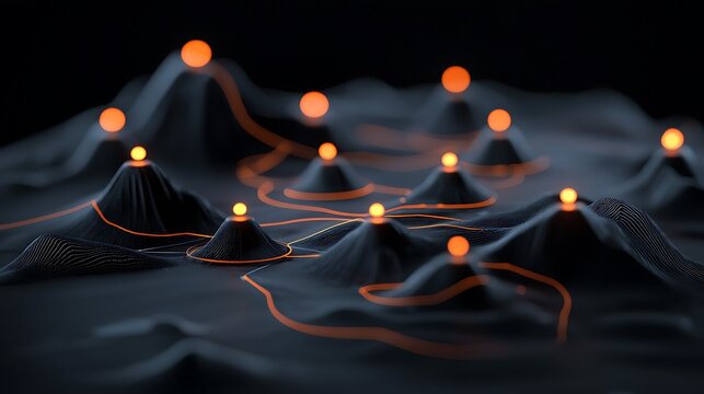 Abstract Futuristic Digital Landscape with Orange Glowing Points and Dark Terrain