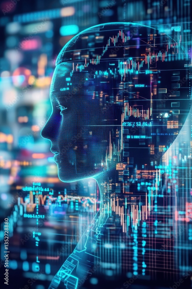 Poster digital sentience: a luminous cyborg profile merges seamlessly with a dynamic data stream, showcasin