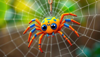 Fototapeta premium Vibrant orange & blue cartoon spider hangs on intricately woven web, eight-legged, digital
