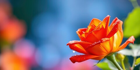 Vibrant orange rose, glistening dew, soft blue bokeh, blossom, floral