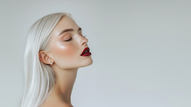 Profilansicht einer Frau mit wei&szlig;blonden Haaren und dunklem Lippenstift vor hellem Hintergrund